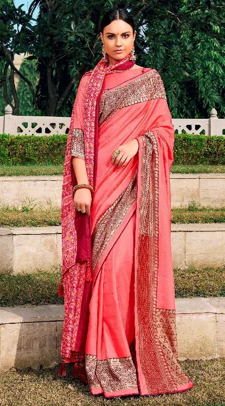 Carrot Pink Dola Silk Saree with Shawl AAS45 Elegant Wool Shawl Cape