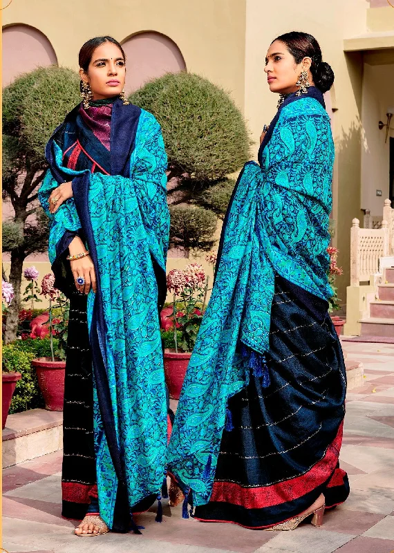 Navy Blue Dola Silk Saree with Shawl AAS42 Chic Embroidered Shawl Wrap