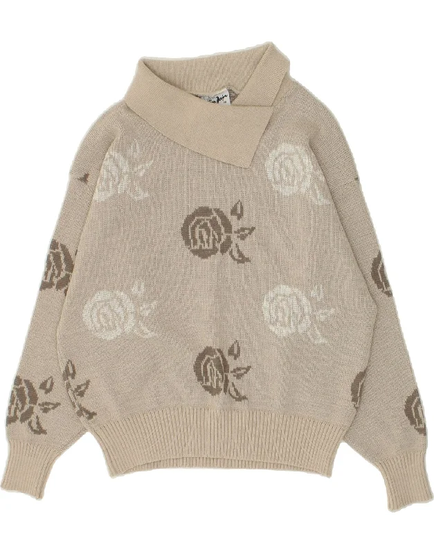 VINTAGE Womens Shawl Neck Jumper Sweater IT 46 Large Grey Floral Trendy Boho Style Shawl VINTAGE Womens Shawl Neck Jumper Sweater IT 46 Large Grey Floral Trendy Boho Style Shawl