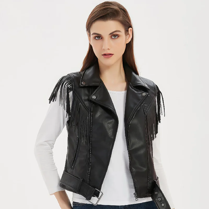 Women’s Black Genuine Sheepskin Vest Tassels Sleeveless Sporty Moto Rider Mid-Western Slim Fit Fringe Leather Waistcoat Fashionable Belted Waistcoat