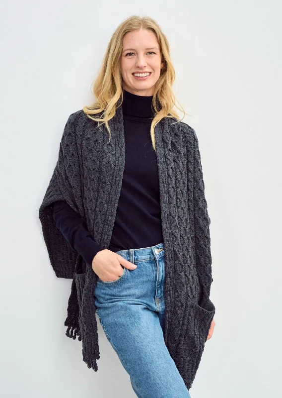 Aran Pocket Shawl | Charcoal Cozy Woolen Shawl Scarf