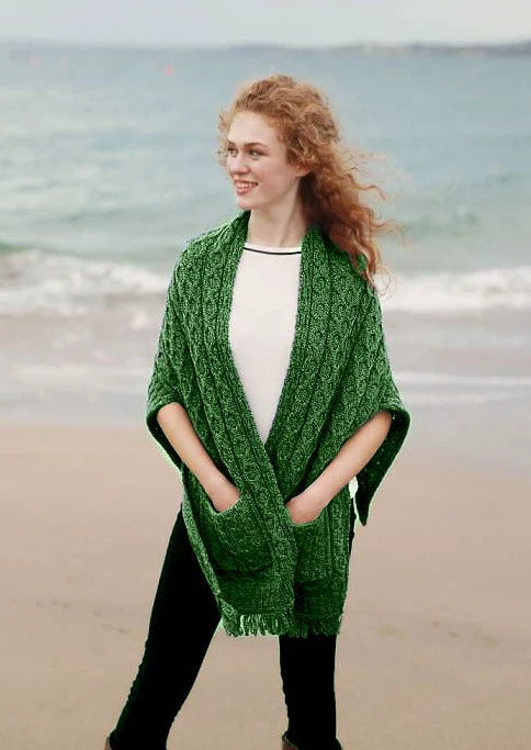Aran Pocket Shawl | Green Warm Knit Shawl Scarf