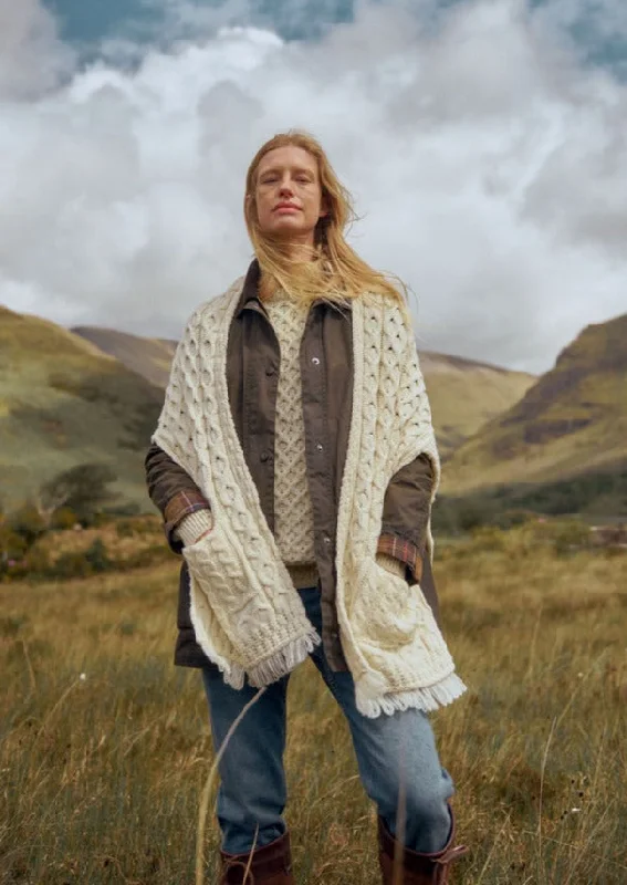 Aran Pocket Shawl | Natural Cozy Fleece Shawl Cape