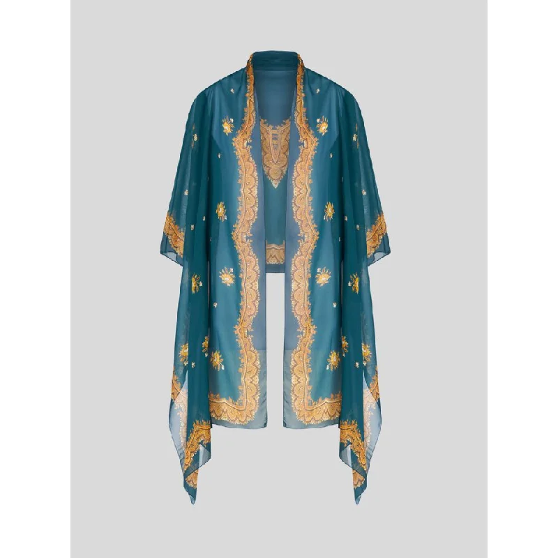 GEORGETTE SHRUG SHAWL WITH LEAFY PAISLEY PATTERN Chic Knit Shawl Poncho