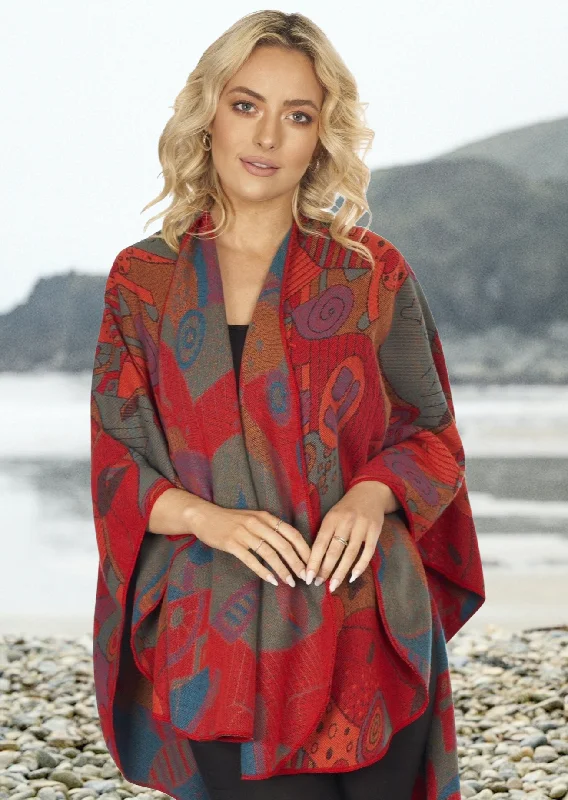 Jimmy Hourihan Shawl With 'Picasso' Inspired Motif Red Trendy Sheer Shawl Wrap