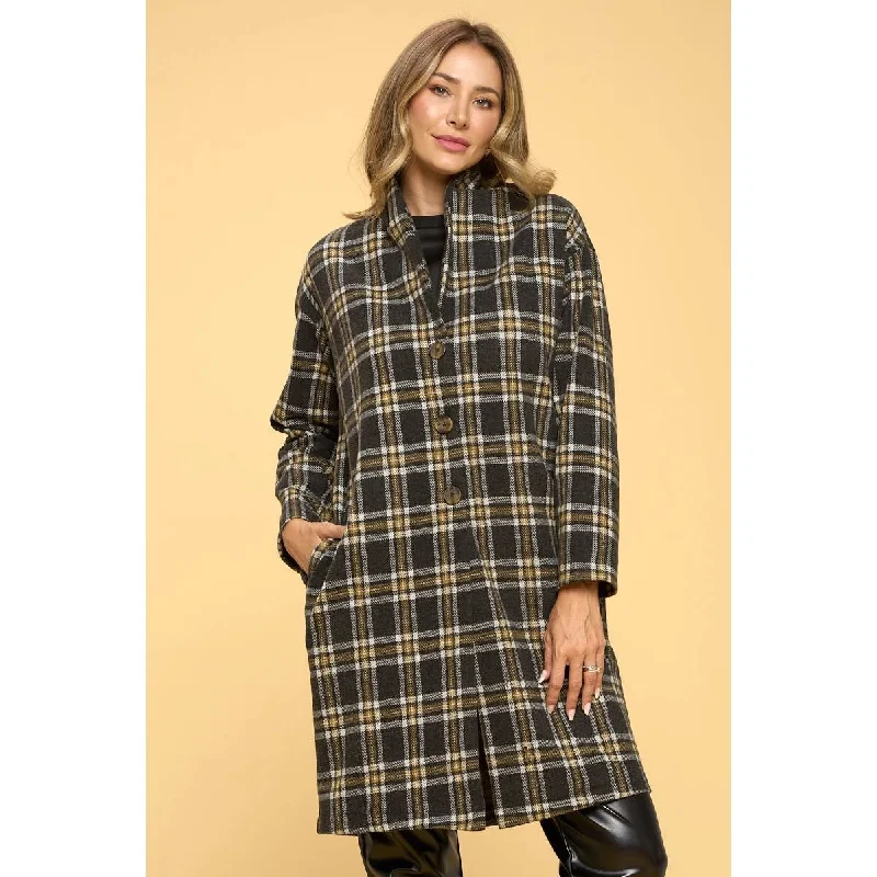 Plaid Coat with Buttons and Pockets Shawl Collar Notch Collar Lapel Collar