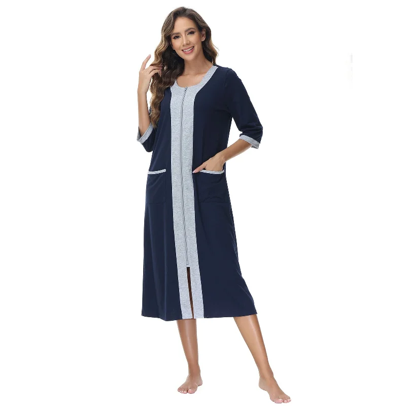 Robes for Women, LOFIR Womens Robes Zip Up Front Full Length Lightweight Summer House Coat for Womens Ladies with Zipper 3/4 Sleeve Pocket Coat Overcoat Trench Coat