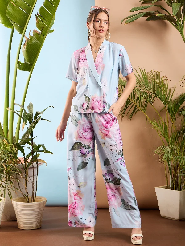 Women Light Blue Floral Shawl Collar Top With Pants Classic Lace Shawl Wrap