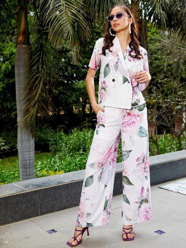 Women White Floral Shawl Collar Top With Pants Trendy Oversized Shawl Cape