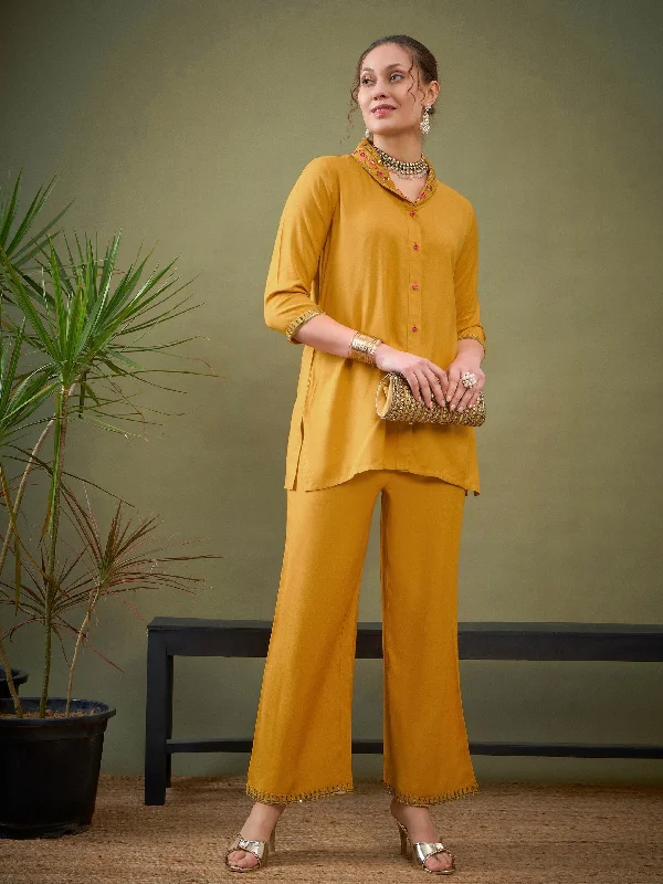 Women Mustard Shawl Collar Embroidered Shirt With Palazzos Elegant Pashmina Shawl Cape Women Mustard Shawl Collar Embroidered Shirt With Palazzos Elegant Pashmina Shawl Cape
