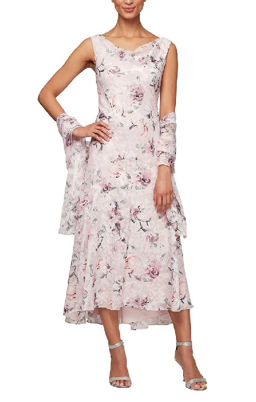 Tea-Length Cowl Neck Printed Chiffon Dress with High/Low Skirt and Shawl Soft Cashmere Shawl Poncho Tea-Length Cowl Neck Printed Chiffon Dress with High/Low Skirt and Shawl Soft Cashmere Shawl Poncho