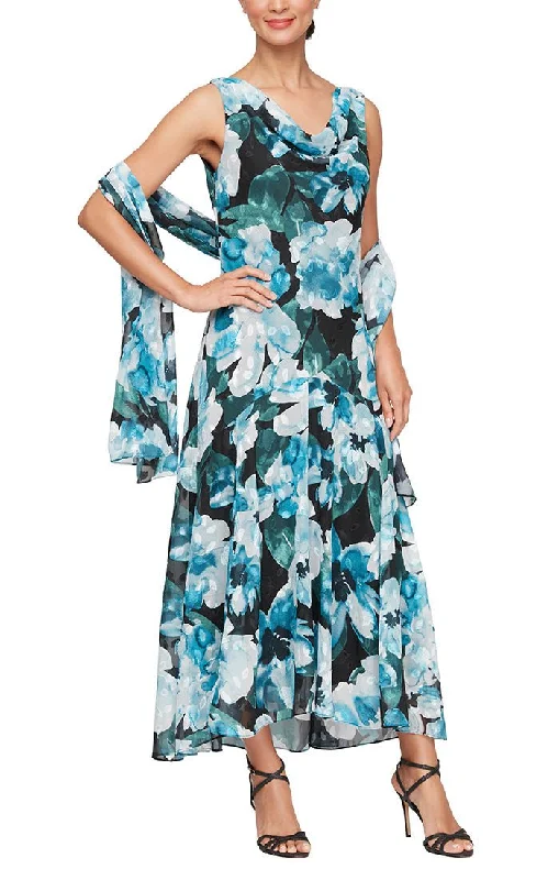 Tea Length Printed Sleeveless Dress with Shawl Stylish Fringed Shawl Cape