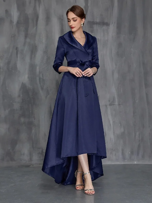 Womens' Shawl Collar High Low Hem Satin Belted Dress Comfortable Plaid Shawl Wrap