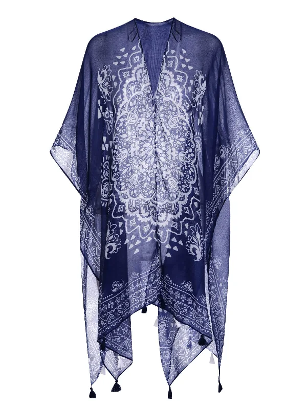 Deep Blue 1960s Mandala Shawl Cover-up Trendy Long Knit Shawl
