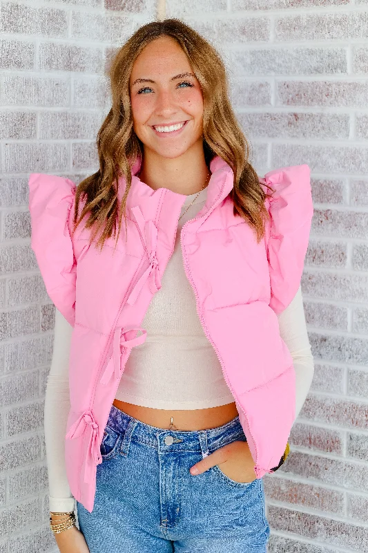 Annabelle Ruffle Puffer Vest with Bow Detail Stylish Streetwear Vest