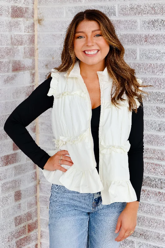 Did You See Her Ruffle Detail Puffer Vest Collared Sleeveless Coat