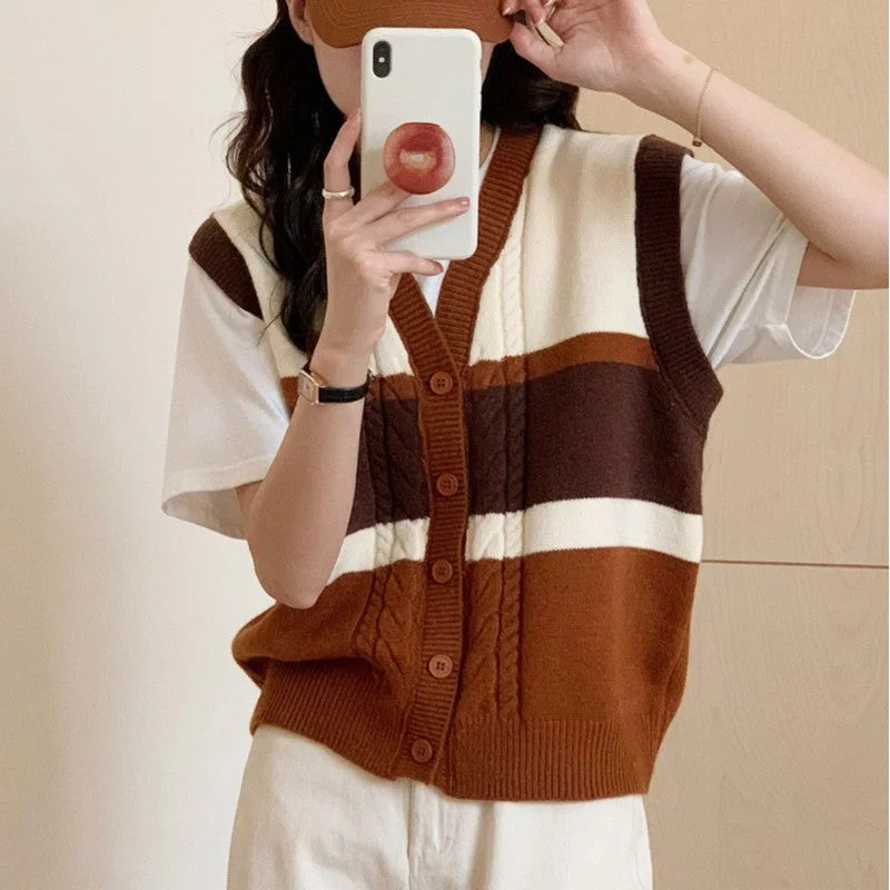 NiDELL Korean Style New Design Sense Fashion Preppy Style Age-Reducing Contrast Color Stripes Vest Sweater Bandage Dress Vest Coat Women Warm Hooded Vest
