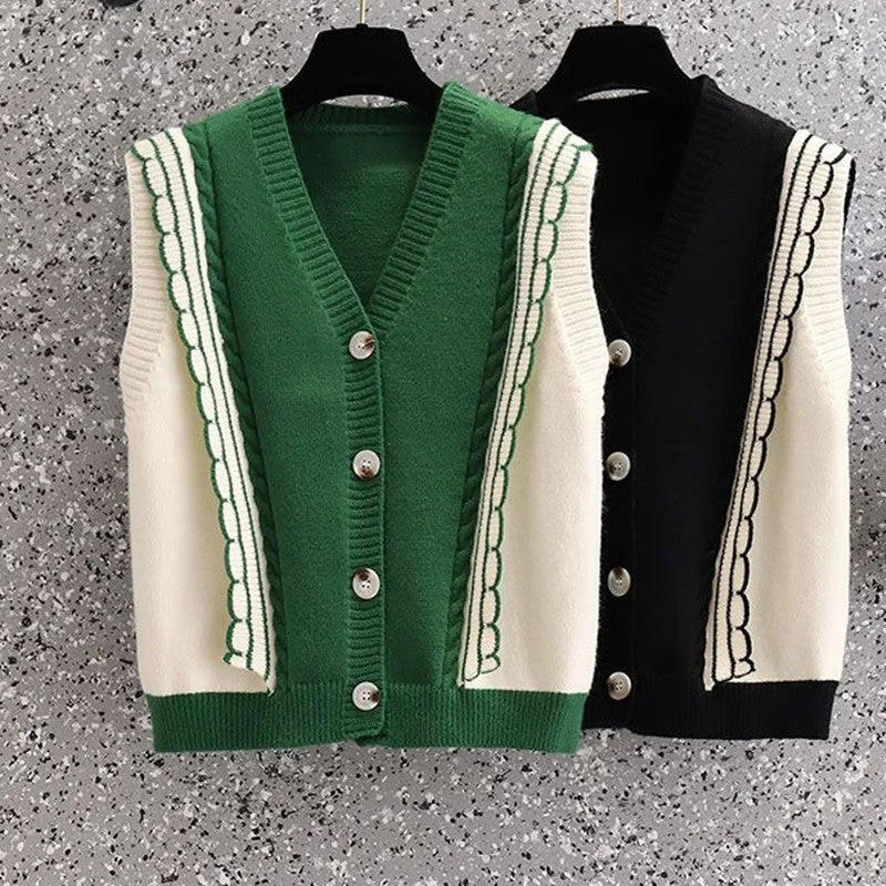 NiDELL Western Style Youthful-Looking Wooden Ear Knitted Vest for Women . Autumn New Fresh Loose Sweater Vest Coat Zip-Front Sport Vest