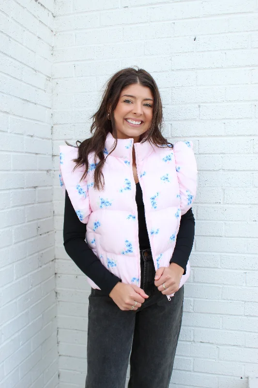 Olivia James Shoulder Ruffle Puffer Vest Puffy Outdoor Vest