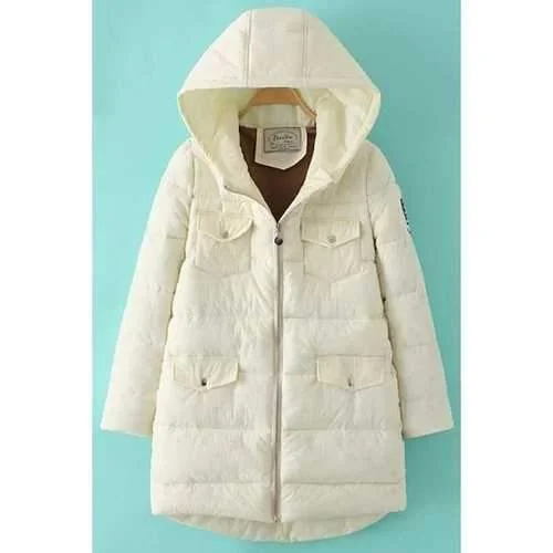 Trendy Hooded Long Sleeve Pockets Design Appliqued Women's Quilted Coat - Off-white L Zip Front Button Front Snap Front Trendy Hooded Long Sleeve Pockets Design Appliqued Women's Quilted Coat - Off-white L Zip Front Button Front Snap Front