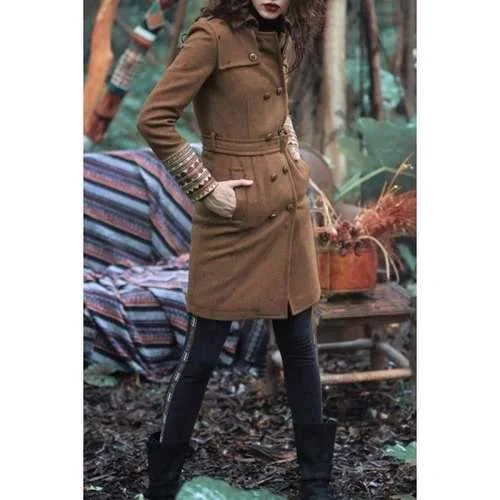 Embroidered Belted Peacoat - Light Coffee S Faux Fur Real Fur Shearling