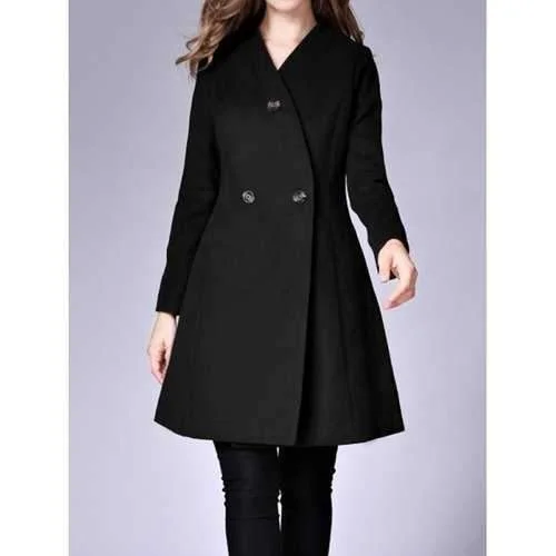 Snap Button Pockets Design Woolen Coat - Black S Wool Cashmere Tweed