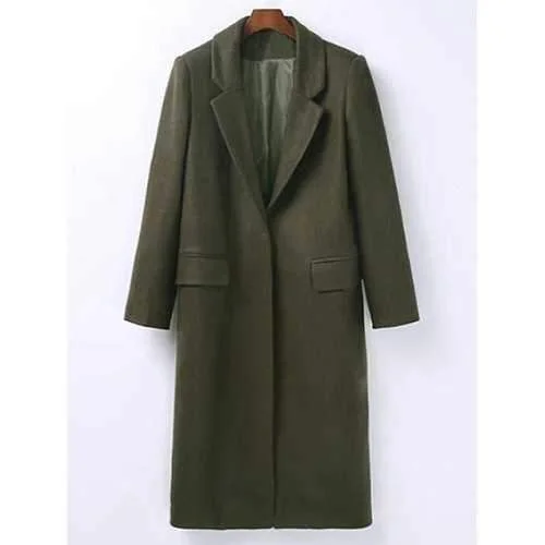 Lapel Flap Pockets Maxi Long Wool Blend Coat - Army Green M Satin Silk Chiffon