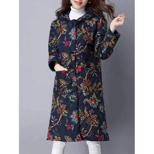 Pockets Ethnic Print Hooded Coat - Cadetblue M Denim Leather Suede