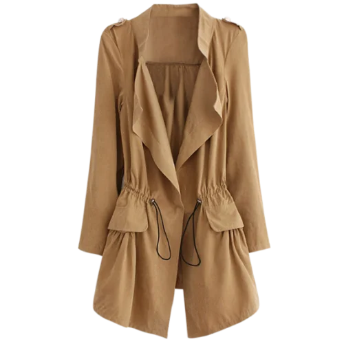 Epaulet Drawstring Coat With Pockets - Khaki L Welt Pockets Slit Pockets Flap Pockets Epaulet Drawstring Coat With Pockets - Khaki L Welt Pockets Slit Pockets Flap Pockets