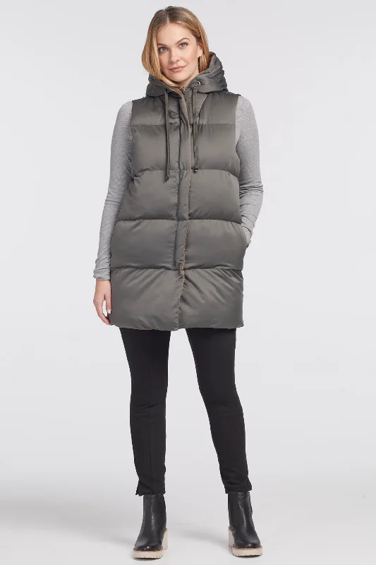 Tribal Long Reversible Hooded Puffer Vest 4687O-3376-0282 Ivy Green Plaid Sherpa Vest