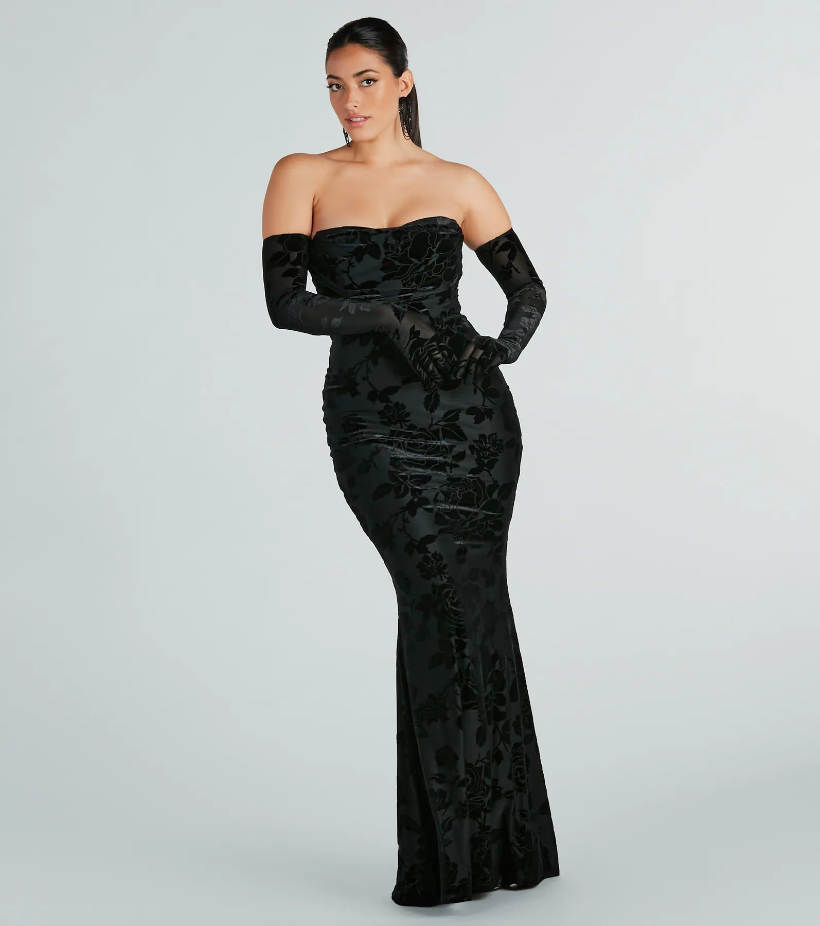 Amai Formal Velvet Strapless Dress With Gloves Cowl Neckline Elegant
