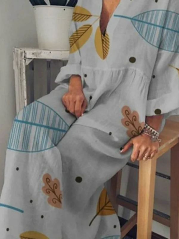 V-neck print loose long sleeve long dress for women Tunics Business professional