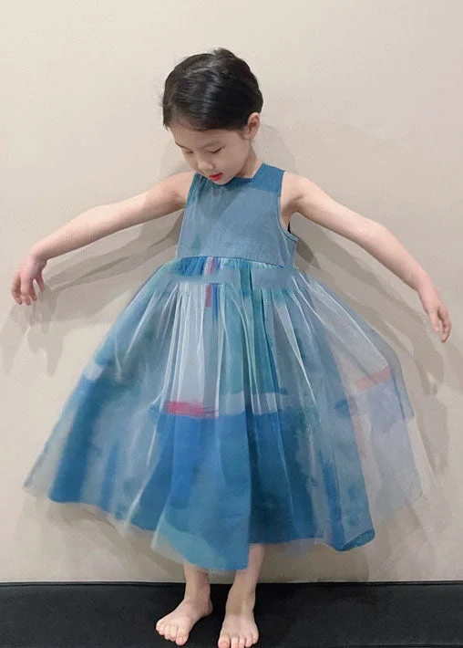 Art Peacock Blue O Neck Wrinkled Patchwork Tulle Kids Girls Long Dress Sleeveless Tunics Corduroy durable Art Peacock Blue O Neck Wrinkled Patchwork Tulle Kids Girls Long Dress Sleeveless Tunics Corduroy durable