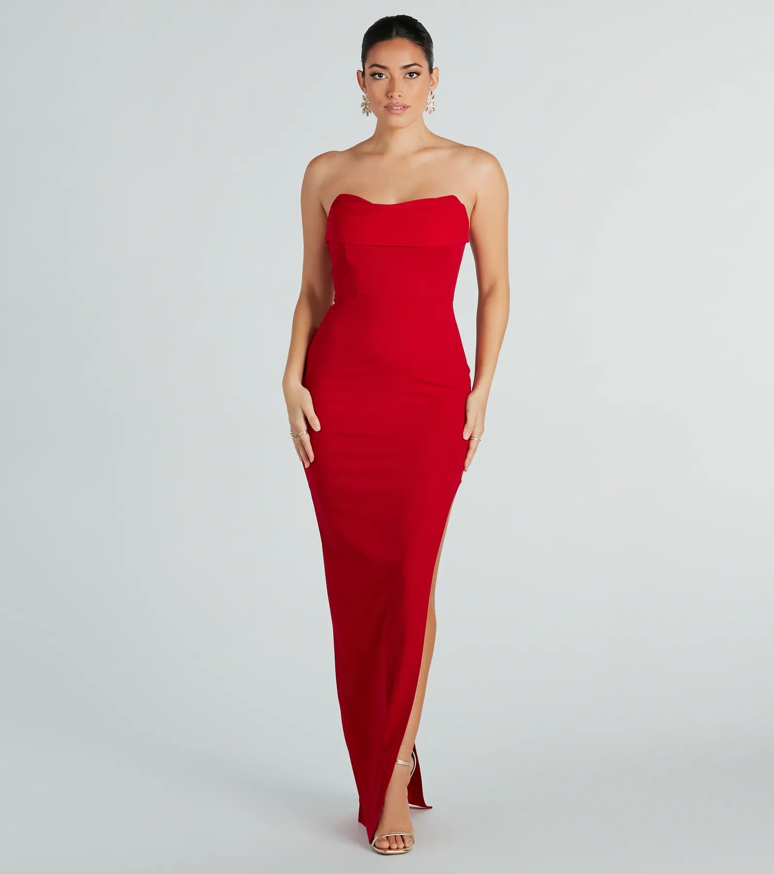 Aurie Formal Crepe Strapless Slit Long Dress Turtleneck Warm Winter