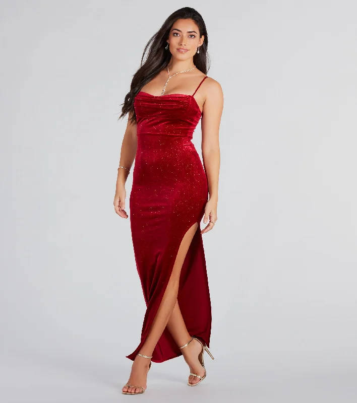 Azelia Formal Glitter Velvet Slit Long Dress Tunics Wedding white