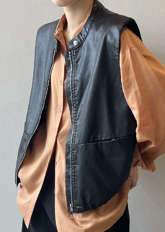 Black Faux Leather Vest Zip Up Stand Collar Sleeveless Sleeveless Peacoat Vest