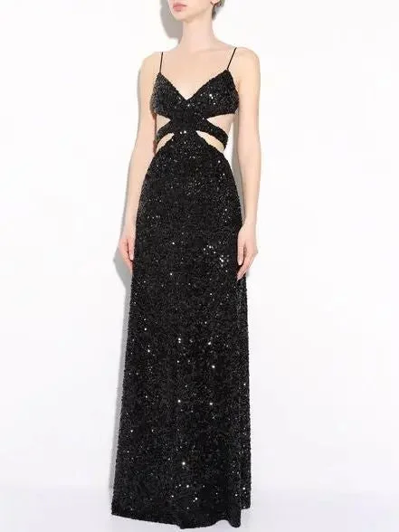 Black Sequined Cut Out Long Dress Tunics Print Colorful