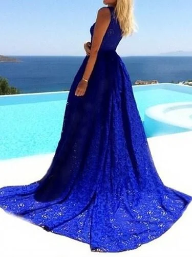 Blue Round Neck Sleeveless Evening Long Dress Tunics Sophisticated sleek