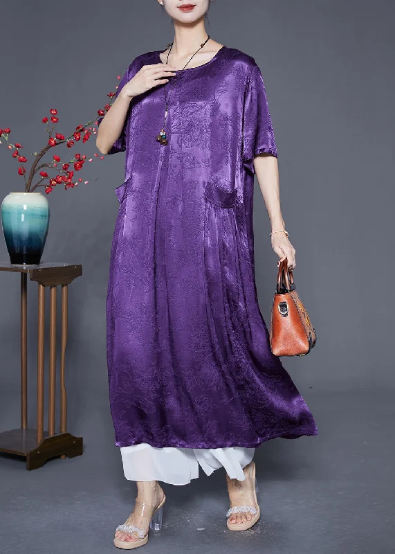 Boho Lavender Oversized Jacquard Silk Long Dress Summer Tunics Mesh breathable