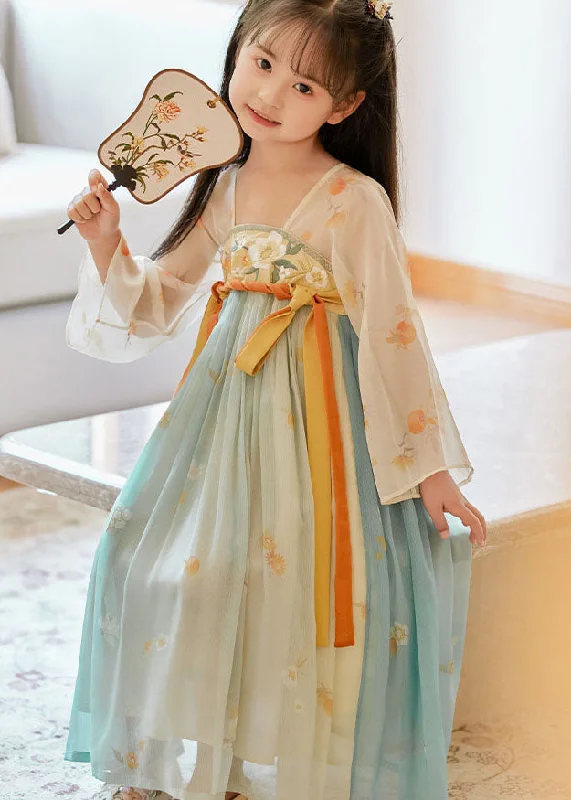Boutique Gradient Color Embroideried Wrinkled Chiffon Kids Girls Long Dresses Summer Tunic Top Casual Boutique Gradient Color Embroideried Wrinkled Chiffon Kids Girls Long Dresses Summer Tunic Top Casual