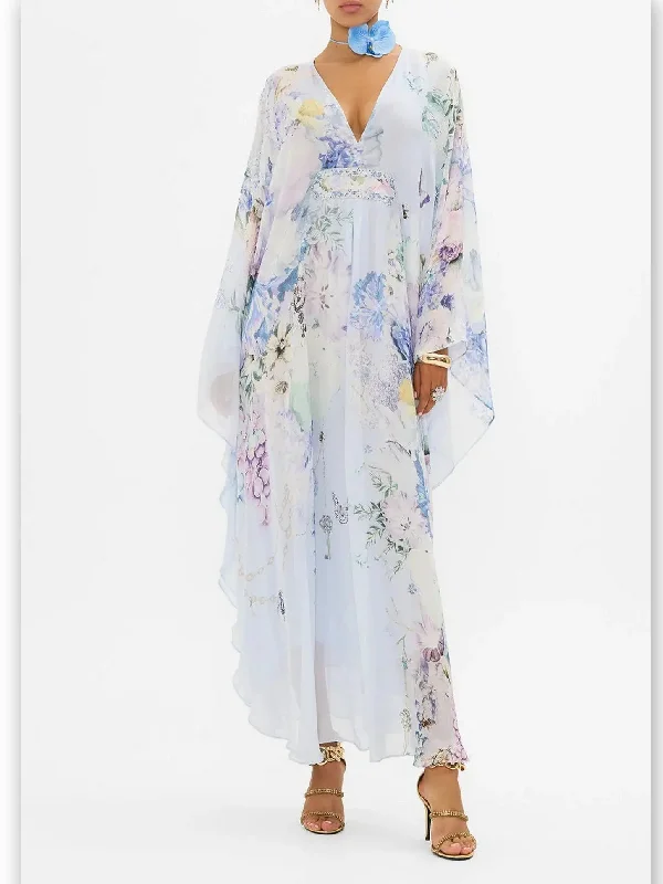 Butterfly and Floral Printed Long Light Blue Kaftan Dress with Waist Detail Tunics Versatile stylish Butterfly and Floral Printed Long Light Blue Kaftan Dress with Waist Detail Tunics Versatile stylish