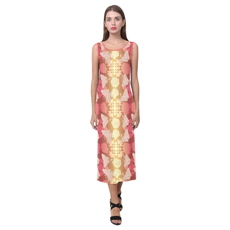 Butterfly and Roses on Geometric Phaedra Sleeveless Open Fork Long Dress Tunics Spring floral