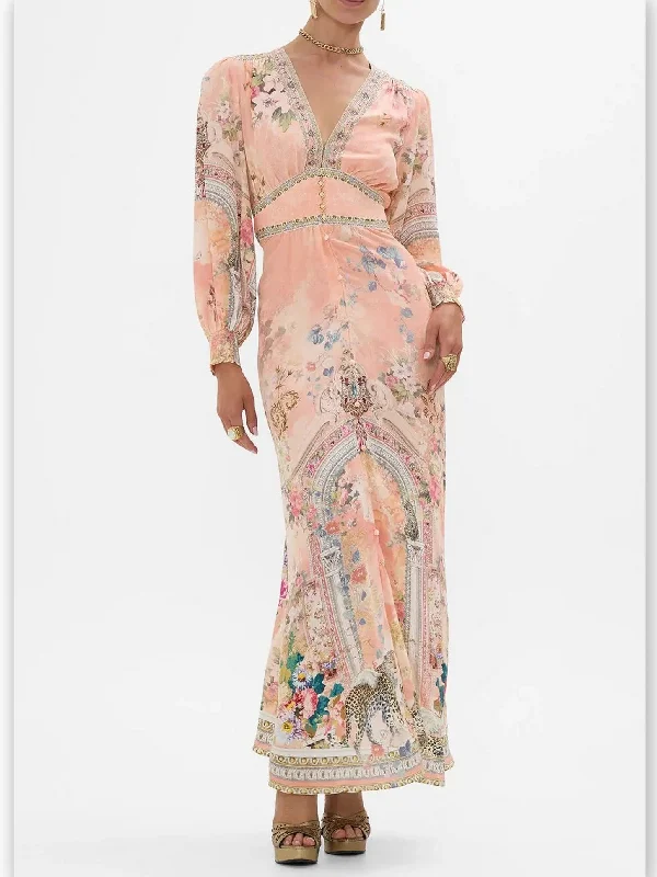 Button-Down Printed Silk Dress with Shaped Waistband Elegant Long Evening