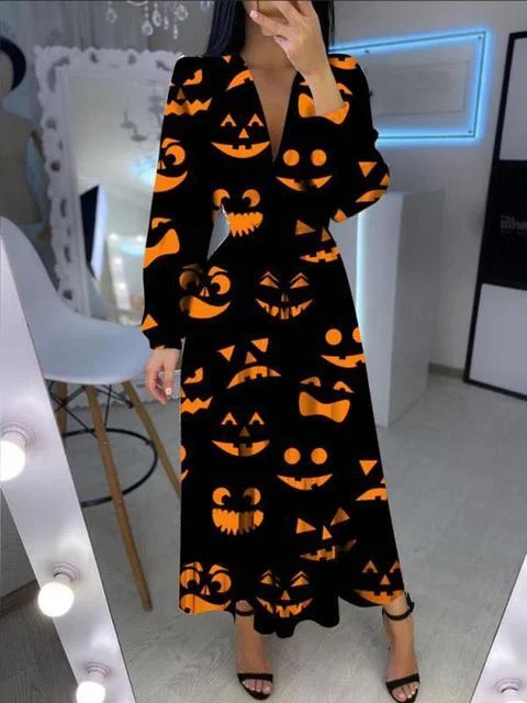 Halloween Casual V Neck Long Dress Tunics Practical easy-care