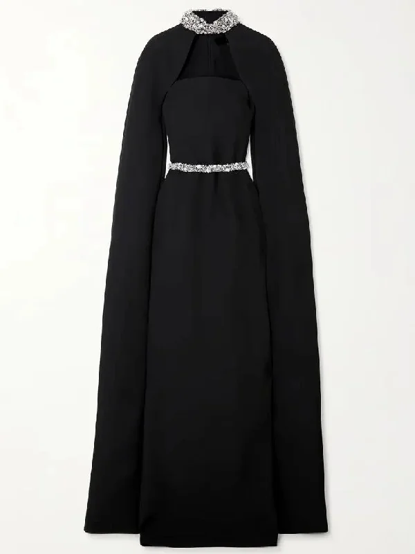 Crystal-Embellished Long Black Crepe Gown with Cape Sleeves Halter Neckline Beach