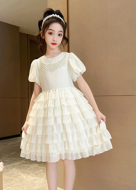 Cute Apricot O-Neck Patchwork Girls Chiffon Layered Long Dress Short Sleeve Tunics Handmade artisanal