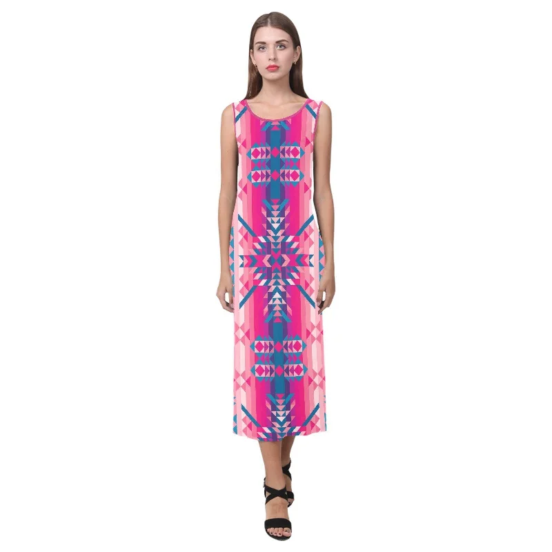 Desert Geo Blue Phaedra Sleeveless Open Fork Long Dress Crew Neckline Casual