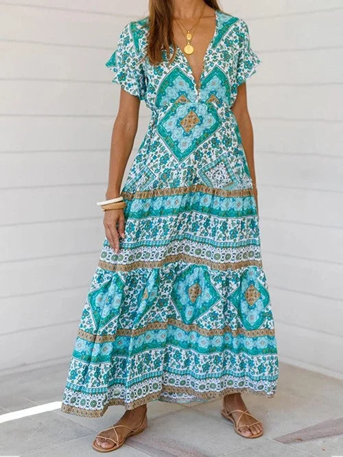 Designer Women's Summer Holiday Dress Retro Printed V-neck Long Dress Tunics Print Colorful
