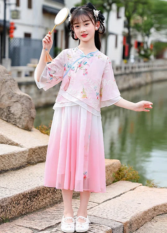 Elegant Pink Embroideried Patchwork Tassel Chiffon Girls Long Dresses Short Sleeve Tunics Party sparkling Elegant Pink Embroideried Patchwork Tassel Chiffon Girls Long Dresses Short Sleeve Tunics Party sparkling