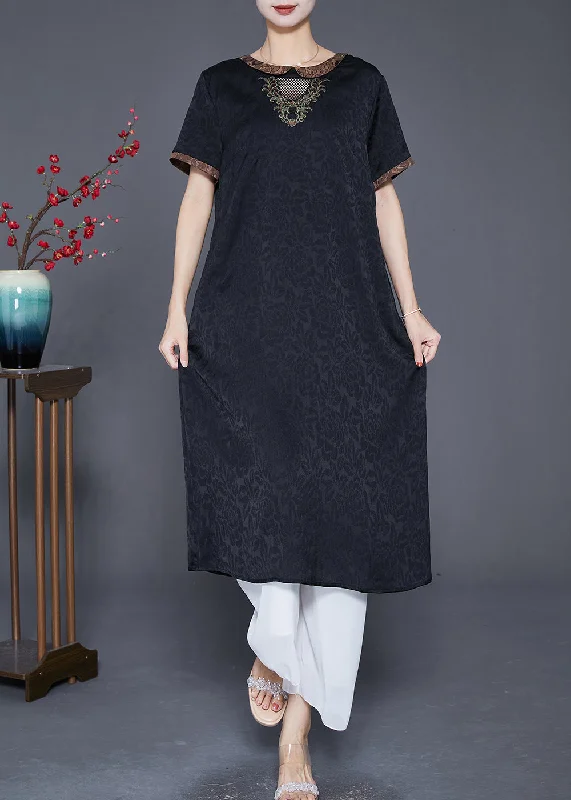 Fine Black Embroideried Hollow Out Silk Long Dresses Summer Tunics Bestseller popular Fine Black Embroideried Hollow Out Silk Long Dresses Summer Tunics Bestseller popular